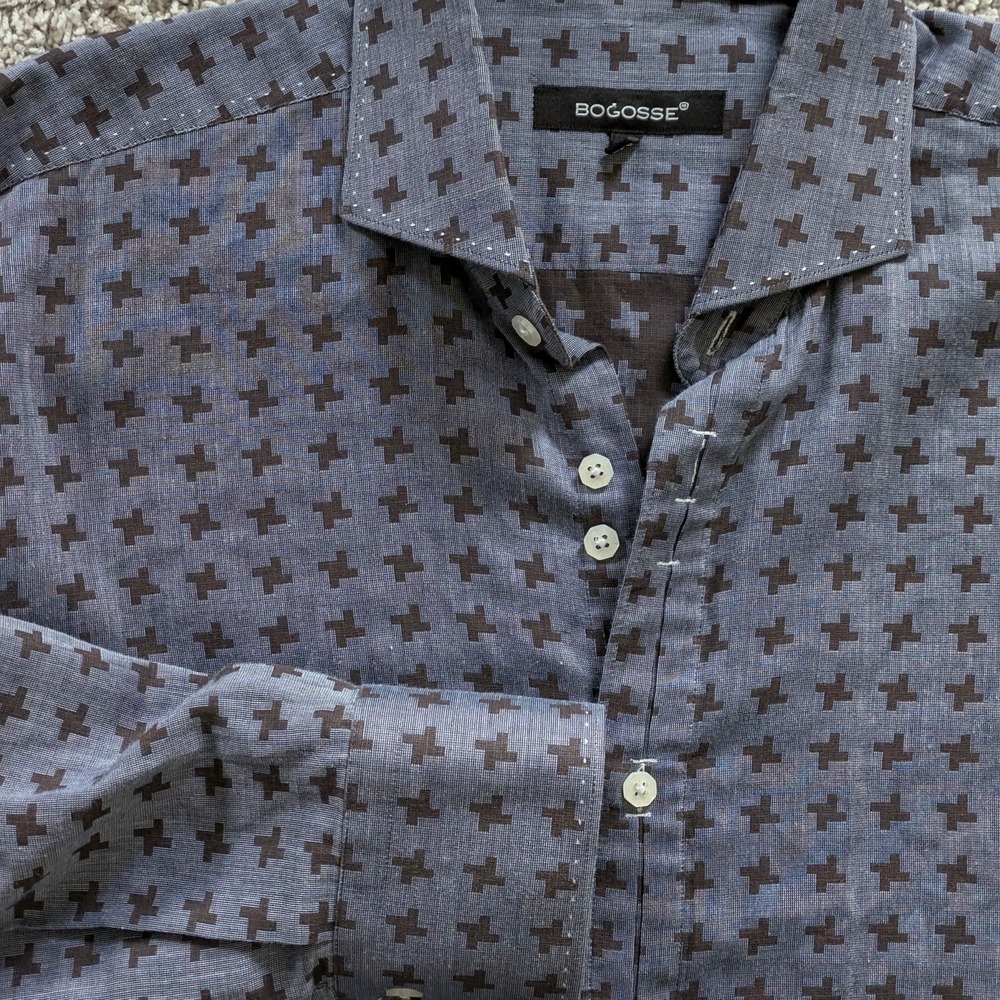 Bogosse Shirt Mens Size 6 (2X)‎ Chambray Blue Brown Geometric Long Sleeve Button
